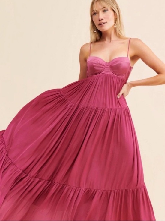 Free People Dresses & Skirts - Free People Freya Berry Pink Satin Corset Tiered Maxi Dress M Coquette Fairycore